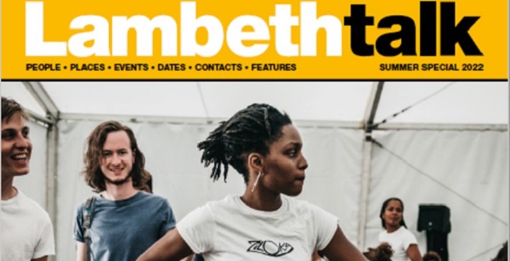 July 2022 cover of Lambeth Talk showing dancers/performers in a white tent