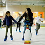 parent & child skating with penguin