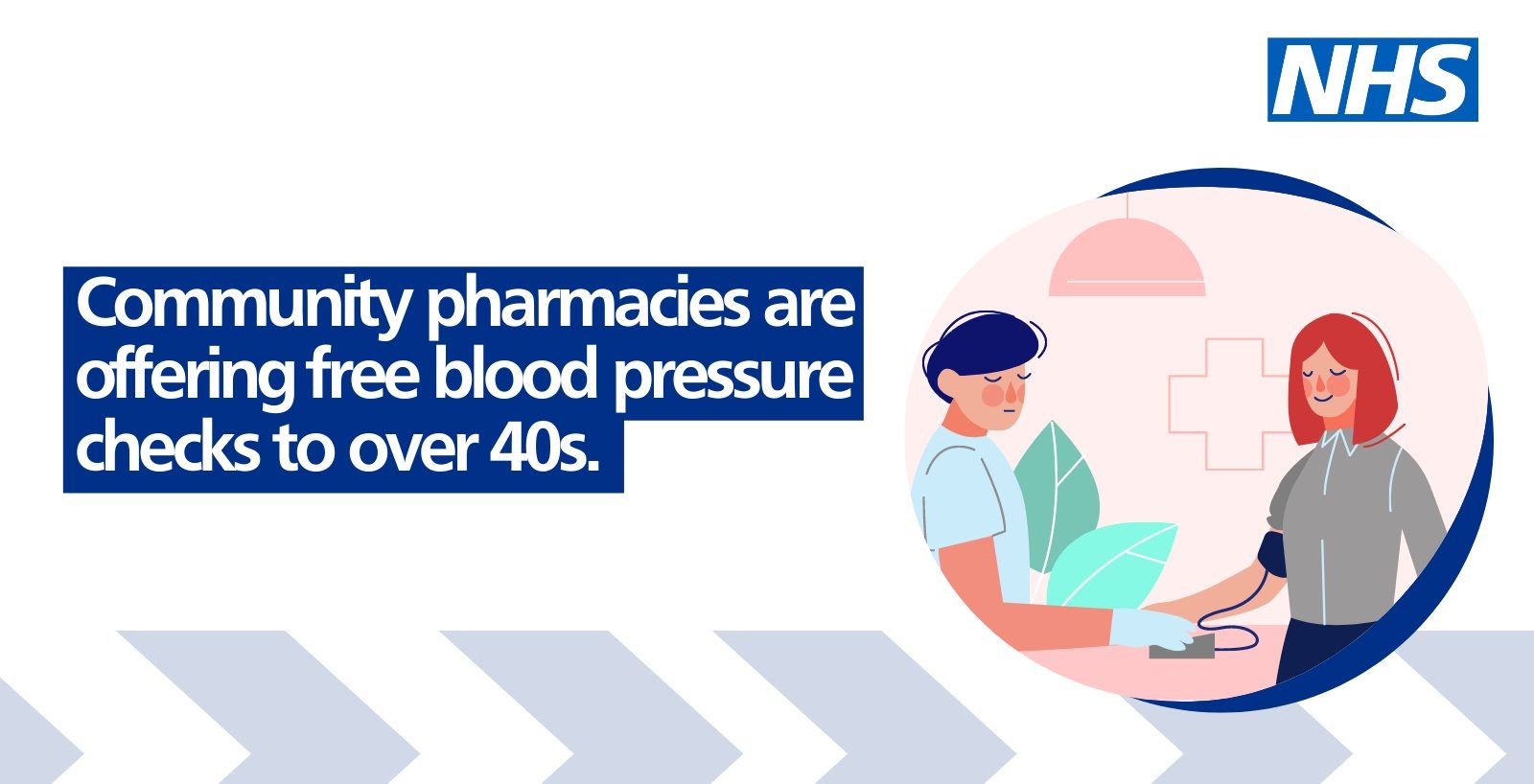 community pharmacies are offering free blood pressure checks for over 40s - illustration of nurse in blue top testing blood pressure of smiling red haired woman