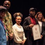 Lambeth Poet Laureate, Abstract Benna (centre), with L to R Cllr Donatus Anyanwu, poet Magero, poet Aicha Thérése, Cllr Claire Holland – Leader of the Council, Christopher Wellbelove – Deputy Lieutenant for Lambeth Photo Credit, Gorm Ashurst 