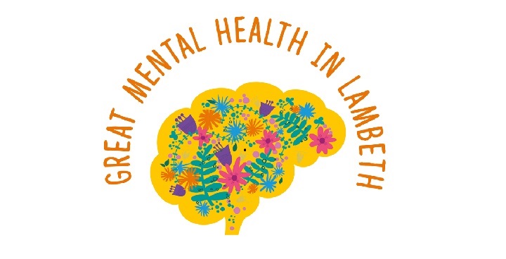 Great Mental Health in Lambeth poster - illustration of yellow brain shaped outline with green and red flowers