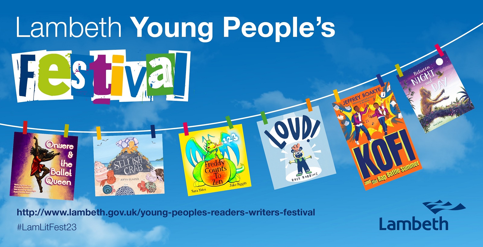 children & young people readers & writers festival banner - book covers pegged on a washing line