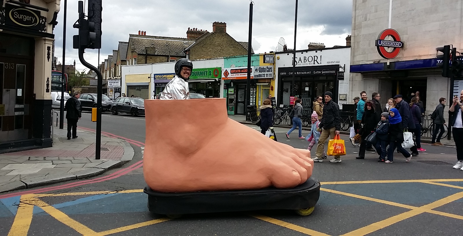 Roger of Bureau of Silly Ideas driving a foot promoting no car days in Lambeth