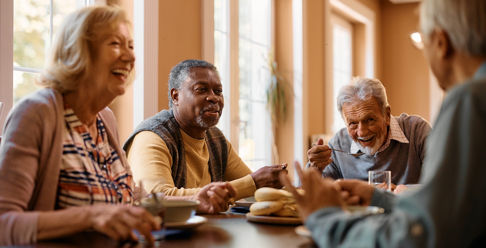 older people at a dining table - one man with white hair & beard, one black man in yellow shirt & green cardigan, woman with white hair, 3/4 back view of man wearing glasses - stock image from shutterstock