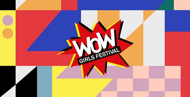 WOW! Girls Festival logo - illustration with #WOW!' on red star (popart style) on multicoloured background with different geometric shapes