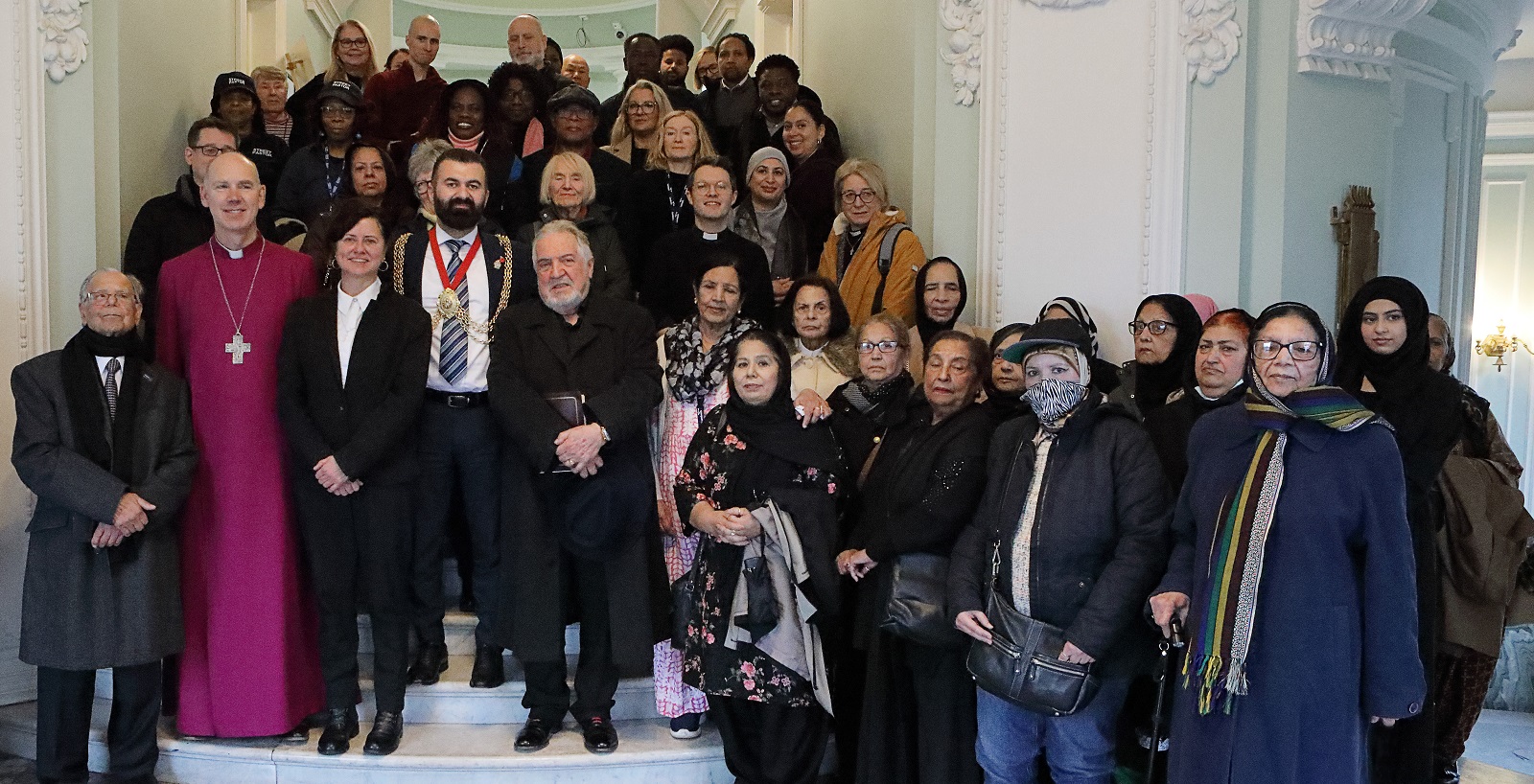 Mayor of Lambeth, Councillrs and representatives of the 5 most widely practiced faiths in Lambeth on the Town Hall stairs