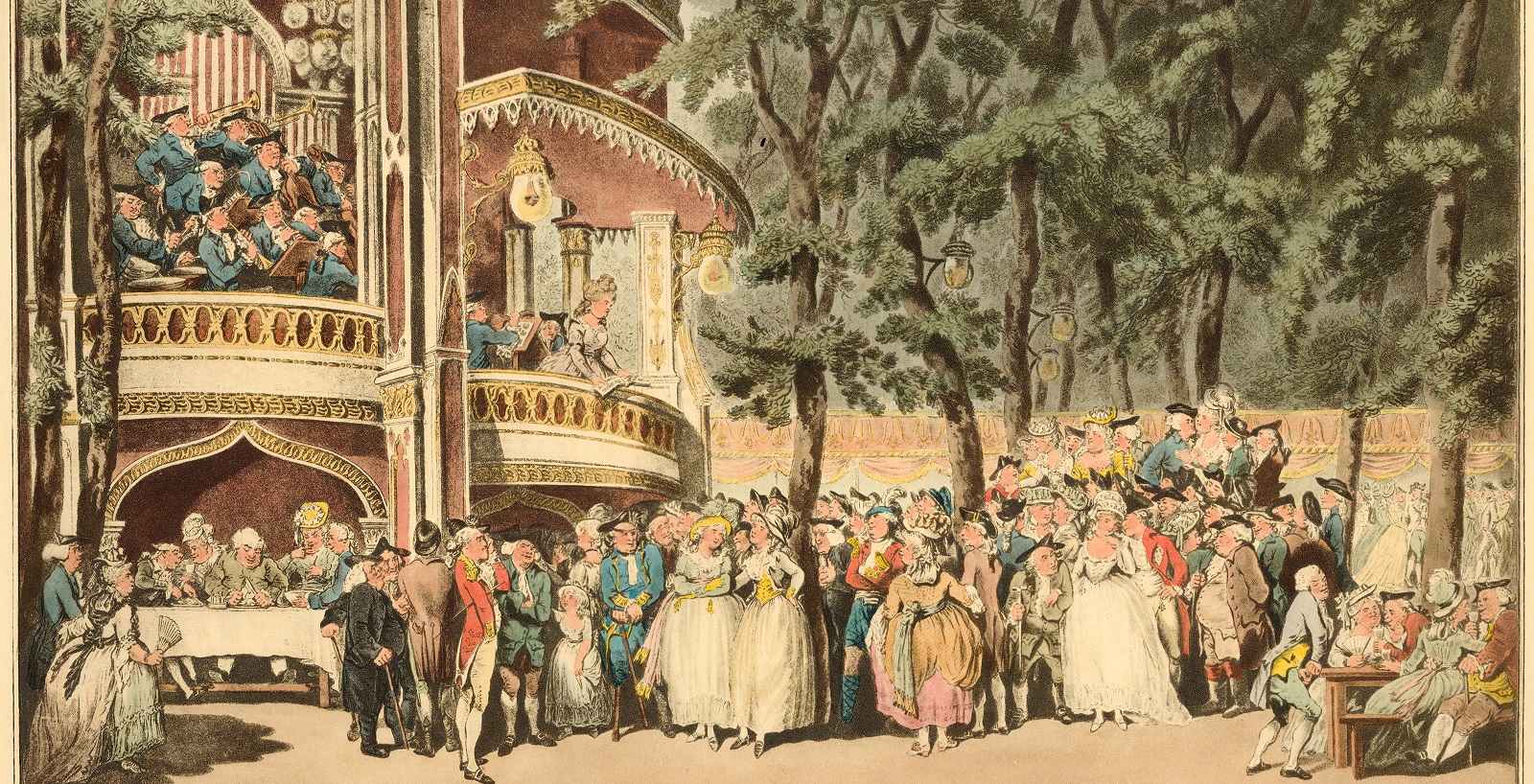 Visitors to Vauxhall Gardens including Dr Johnson & Oliver Goldsmith listening to the music