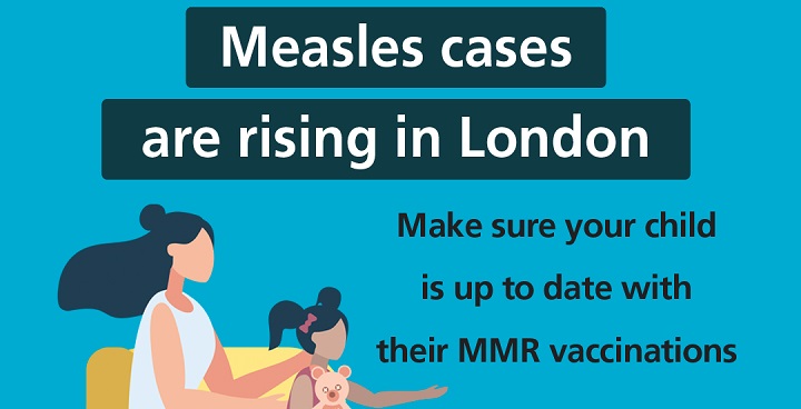 NHS MMR vaccine poster 2024 - measles cases are rising in London