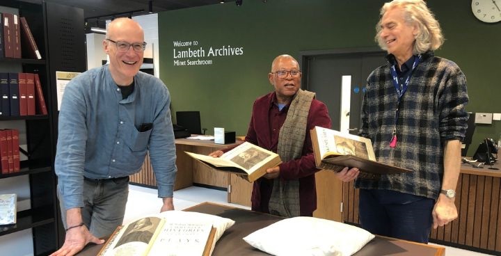 Lambeth Archivist Jpn Newman, Cllr Donatus Anyanwu and Archives volunteer Philip Norman welcome Shakespeare's 2nd, 3rd & 4th Folios back from extended loan to the British Library