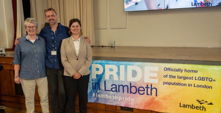 Fiona Connolly, Cllr David Robson & Cllr Claire Holland stand by 'Pride in Lambeth - official home of London's biggest LGBTQ+ community'