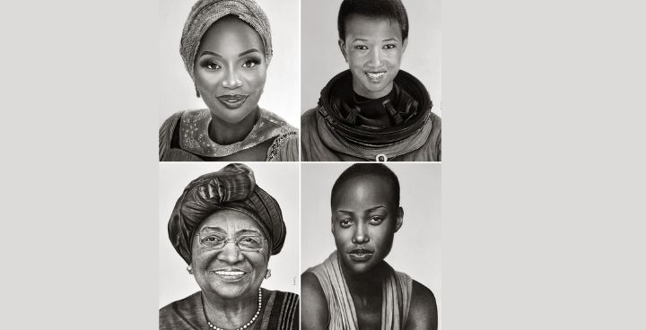 portraits by Nigerian artist Melody Osagie, in charcoal and graphite, of celebrated, powerful, and important women