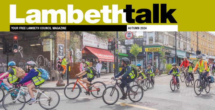 Front cover of Autumn 2024 Lambeth Talk photo of Bike the borough - primary school pupils cycling