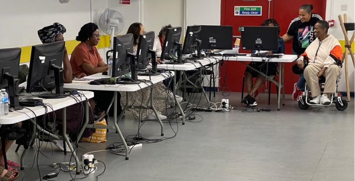 Rev Gail Thompson (far right) & Nicola Gordon welcome students to first women-only Python session at Southwyck coding centre