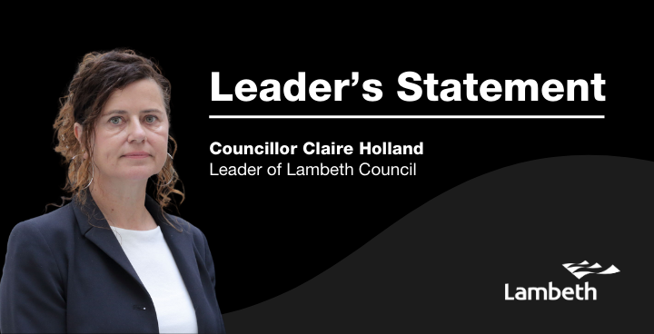 Councillor Claire Holland pictured on a black background with the words 'Leader’s Statement'