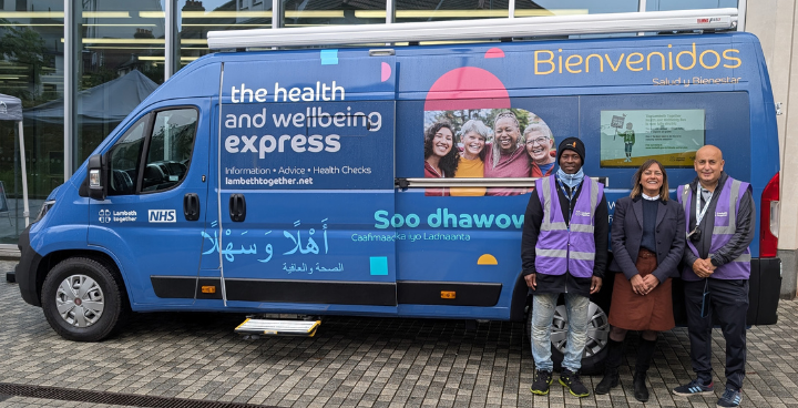 Cllr Rezina Chowdhury with staff from the new Lambeth Together electric powered Health and Wellbeing Bus