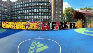 Newly painted vibrantly coloured mural on basket ball court in Notre Dame estate