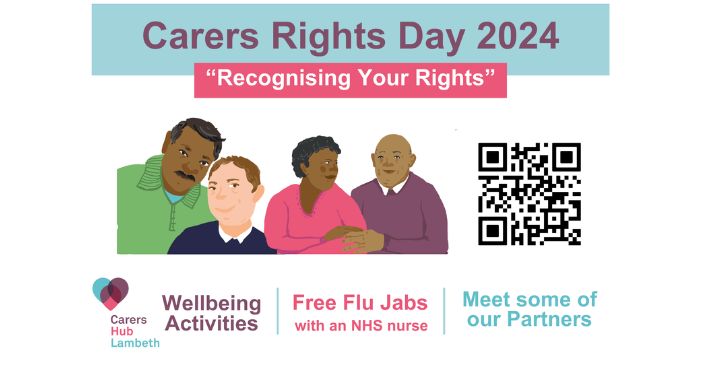 carers rights day graphic with drawings of 4 x people + QR code