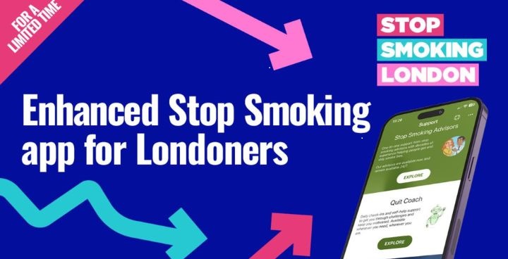 Stop Smoking enhanced app graphic with illustration of mobile phone and coloured arrows