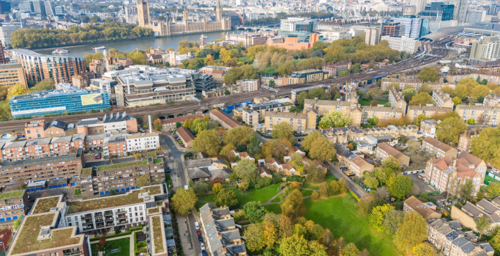 Birds eye view of Denby Court and wider area in Lambeth