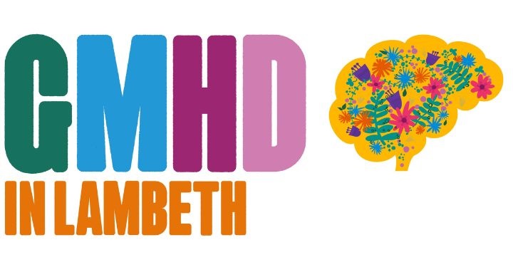 GMHD Great Mental Health Day in lambeth - illustration with each capital letter in a different colour and a yellow brain filled with colourful flowers