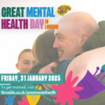 Great mental health day - woman and shaved-headed man hugging