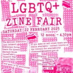 flyer for Brixton Library 'zine fair - all pink text