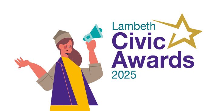 Animation of a woman holding a speaker phone with the words Lambeth Civic Awards 2025