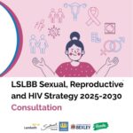 Sexual Reproductive annd HIV strategy 2025/2030 graphic with pink background and an animate female
