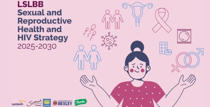 LSLBB Sexual health strategy 2025 front cover - illustration of woman holding up her arms with images like HIV ribbon, condom. women's birth canal, mars & venus symols linked etc