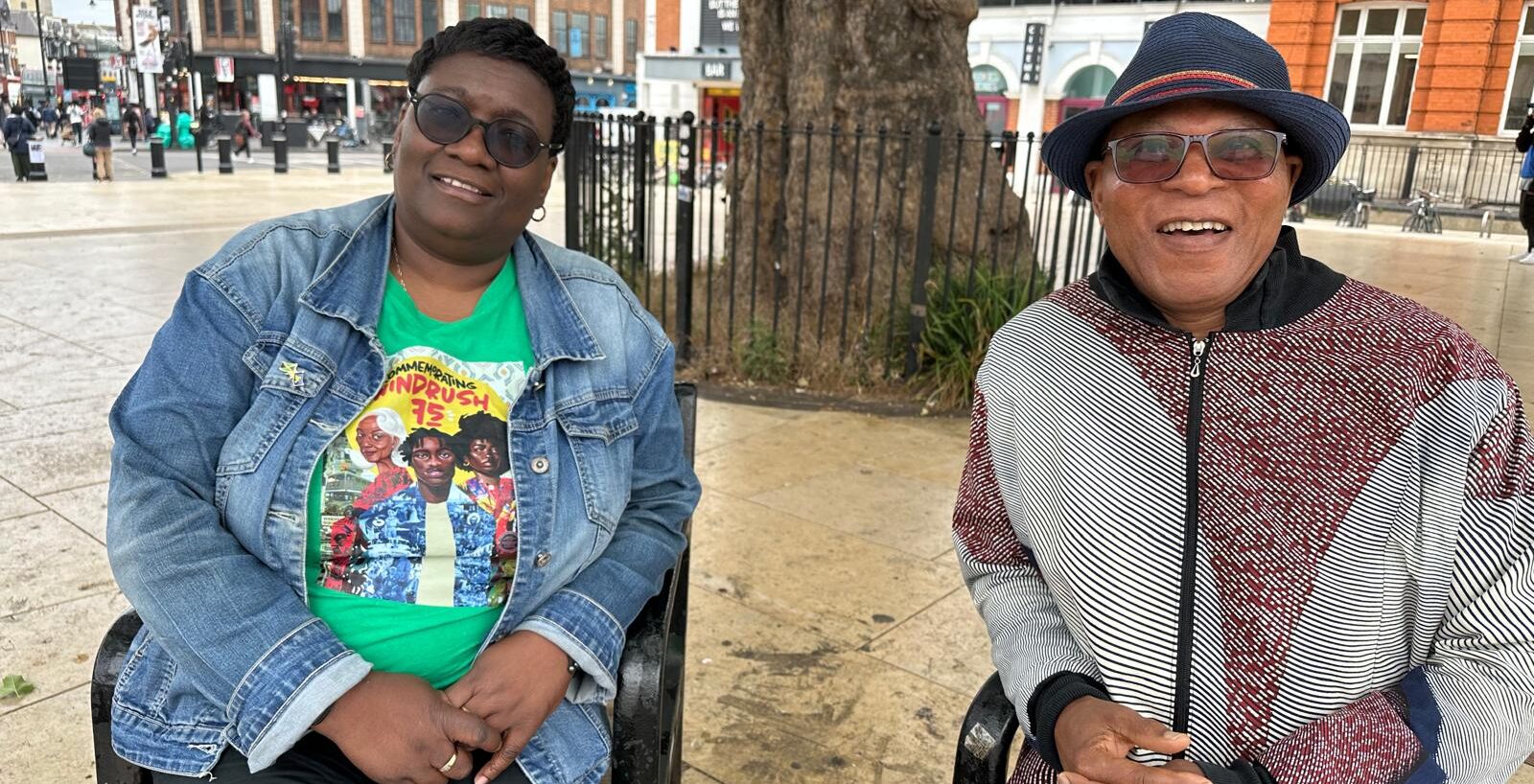 Ros Griffiths and Cllr-Donatus Anyanwu in Windrush Square, Brixton