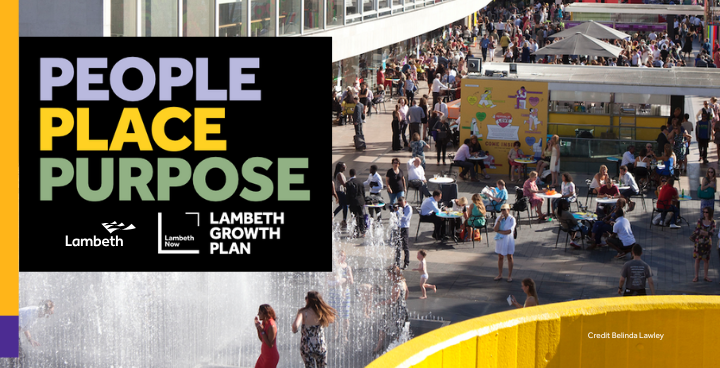 The Lambeth Growth Plan with a photo of people enjoying outdoor space