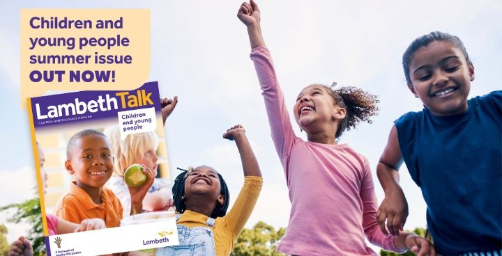 cover of Lambeth Talk 2025 summer special (boy eating aplle) with background of children jumping
