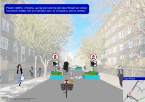 An image of a street in Vauxhall, overlayed with illustrations showing how a road filter would look
