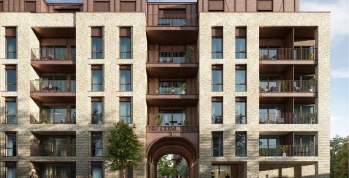 CGI of proposed development in Herne Hill for 278 new flats. Impressive arch. Block has a Nordic feel.
