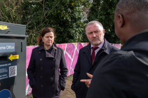 Cllr Holland and Steve Reed MP viewing a knife amnesty bin in Streatham