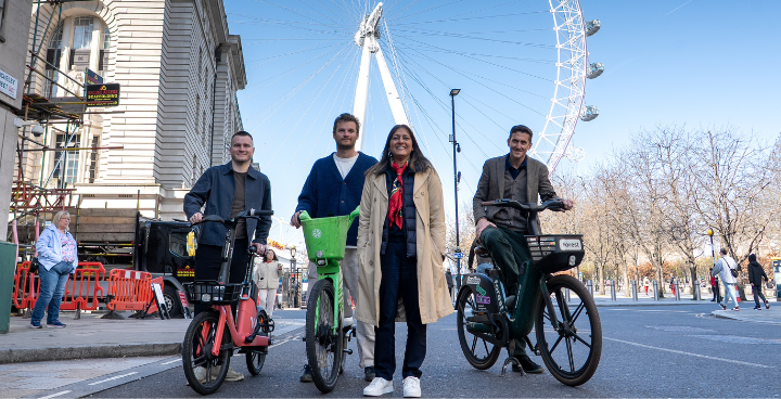 Representatives of dockless bike operators stood with Cllr Chowdhury in front of the London Eye