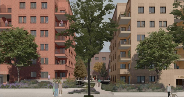 CGI showing 4 tall blocks with trees in front.