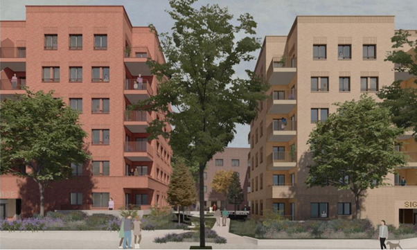 CGI showing 4 tall blocks with trees in front.