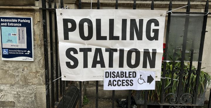 Polling station sign outside Brixton Library