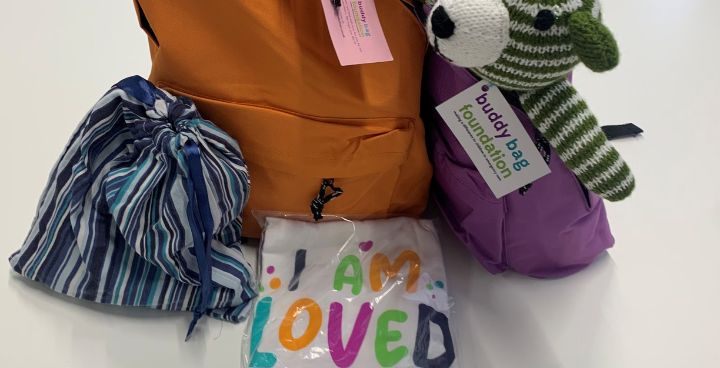 Child's backpack with teddy, washbag and pyjamas.