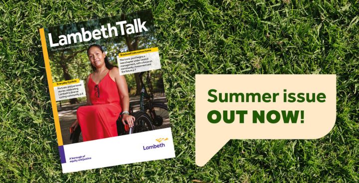Lambeth Talk front cover with woman sat in a wheelchair outdoors