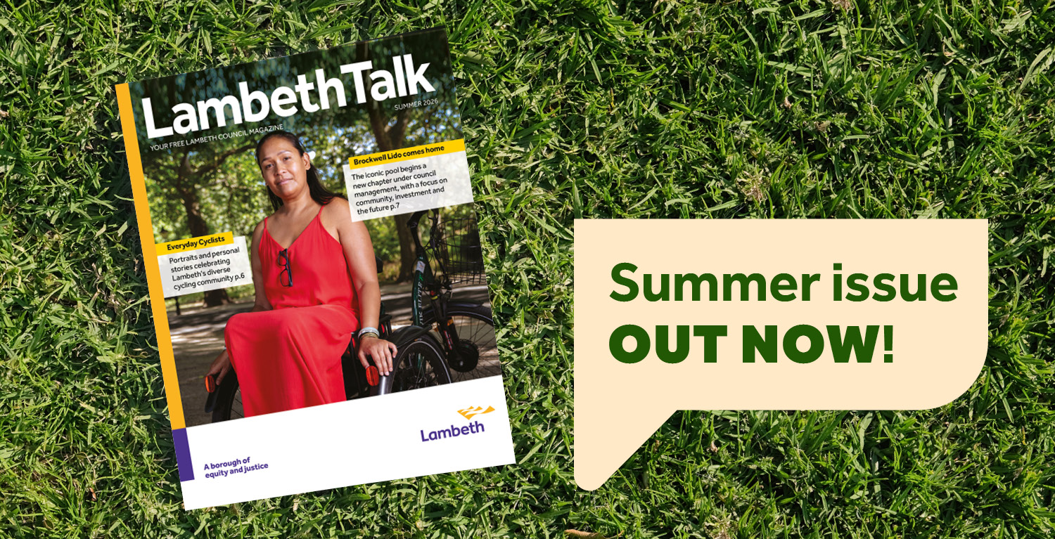 Lambeth Talk Summer 2026 out now with a woman sat in a wheelchair outdoors