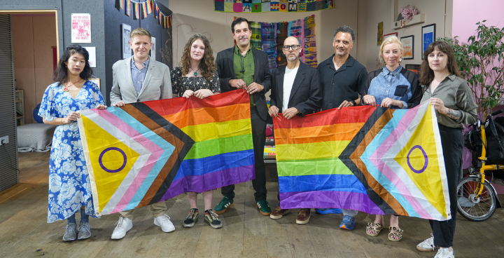 A group of London Council Leaders and Cabinet Members from Lewisham, Hackney, Haringey, Waltham Forest, Southwark and Lambeth, holding the Pride Progress Flag